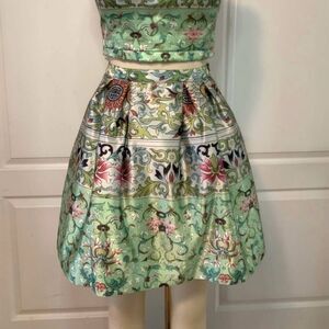 Sherri Hill Satin Mini skirt Floral Green Link Cream Tulle High Waist Full 2 XS